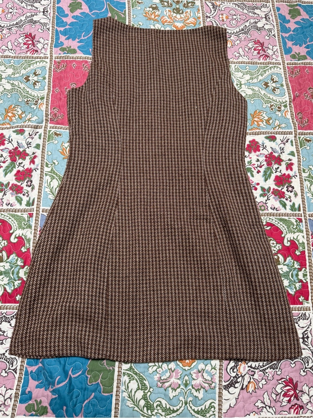 Weighted Mini Dress Cider Brown Houndstooth Floral Sleeveless Shift Sz L - Picture 2 of 6